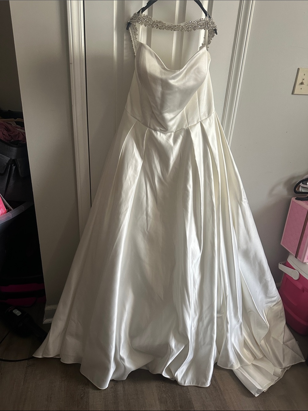 Ivory Satin Ballgown Wedding Dress with Beaded Straps